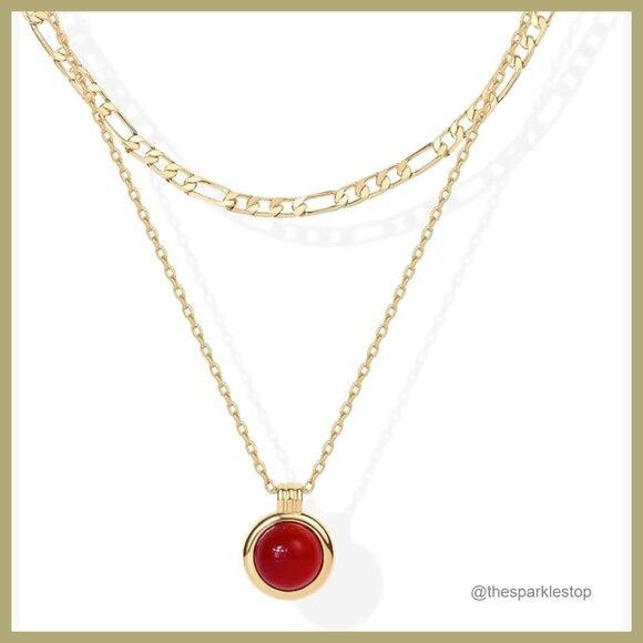 14K Gold Plated Layered Necklace with Gemstone Pendant and Figaro Chain